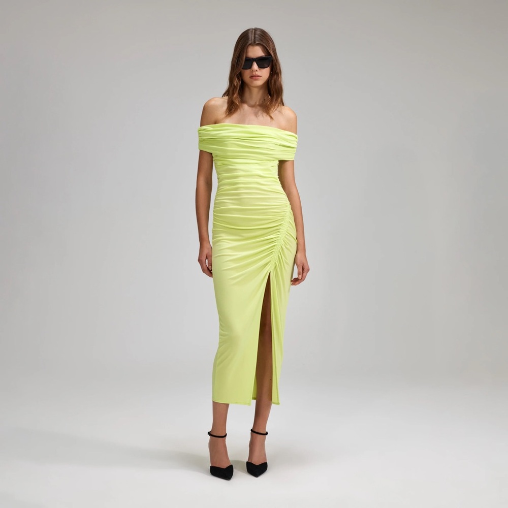NWT Self-Portrait MIDI Dress, lime green, off shoulder, retails $480!